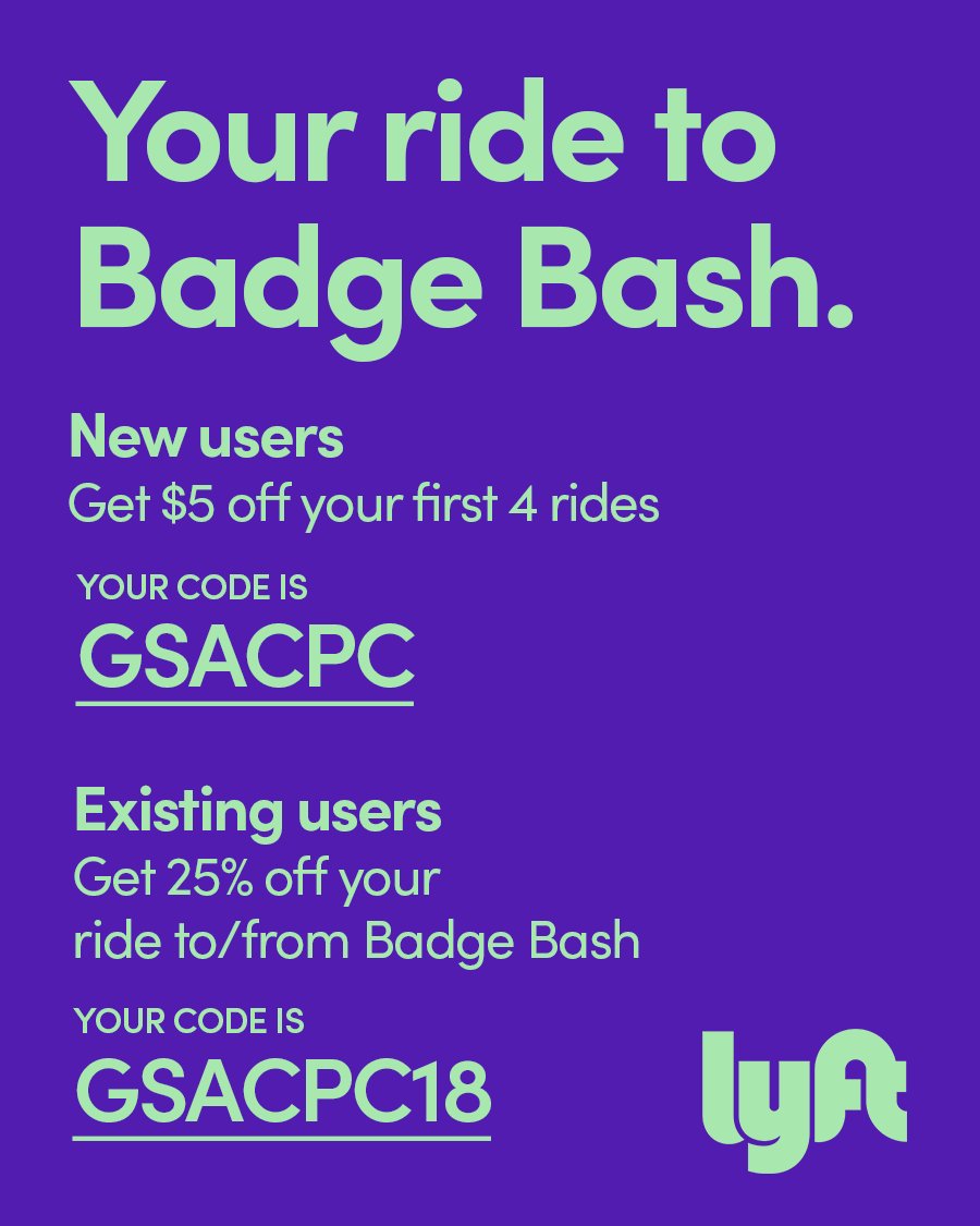 GSACPC's tweet photo. Still need a ride to #BadgeBash tomorrow? Take @lyft with this promo code! https://t.co/K4QRG4Y8jB