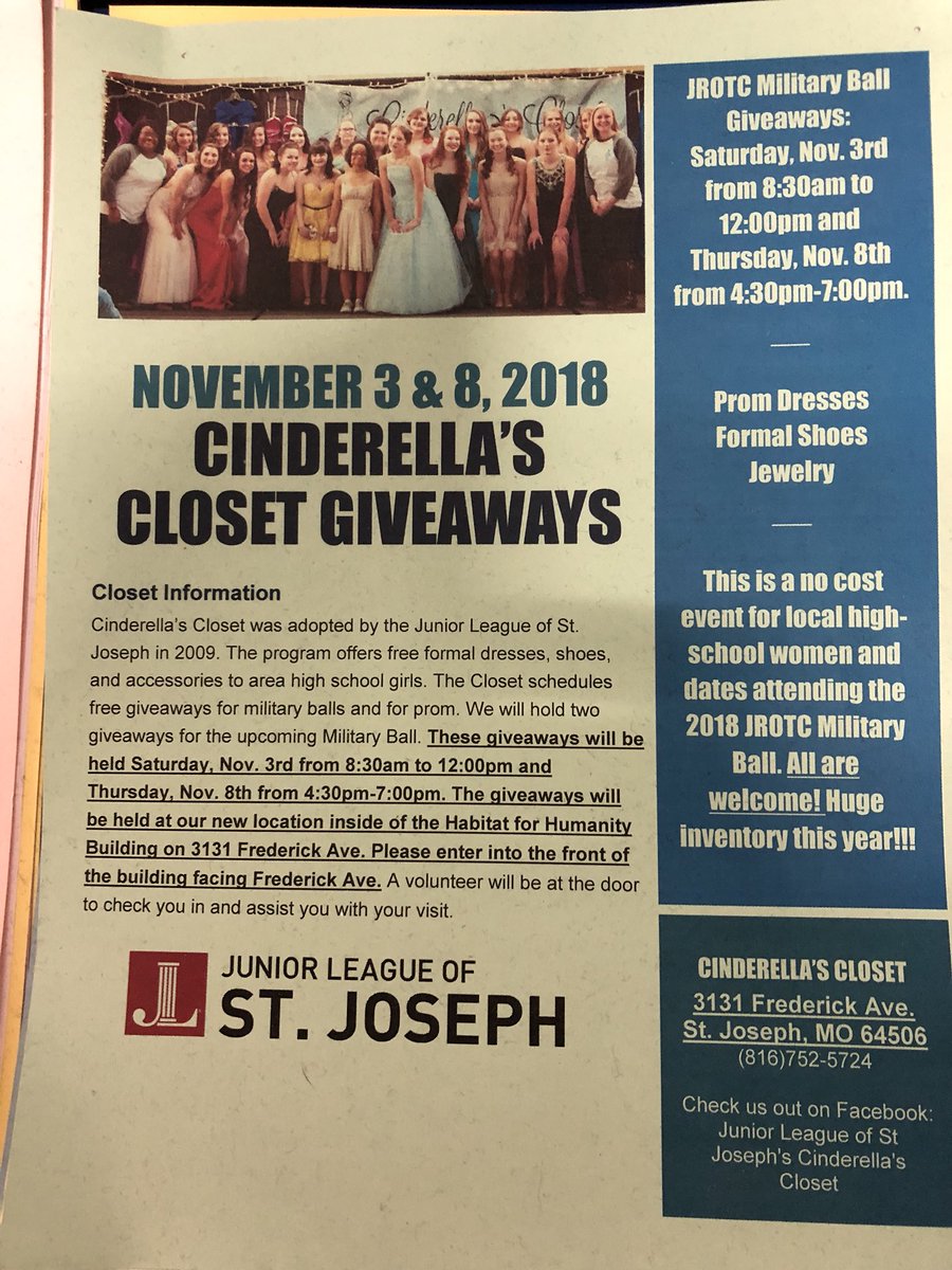 CHS_JROTC's tweet photo. Cinderella’s Closet Giveaways for JROTC Ball Saturday ( 3 Nov) from 8:30 am - 12:00 pm.. 3131 Frederick Ave, St Joseph https://t.co/mvVCIA4wlB