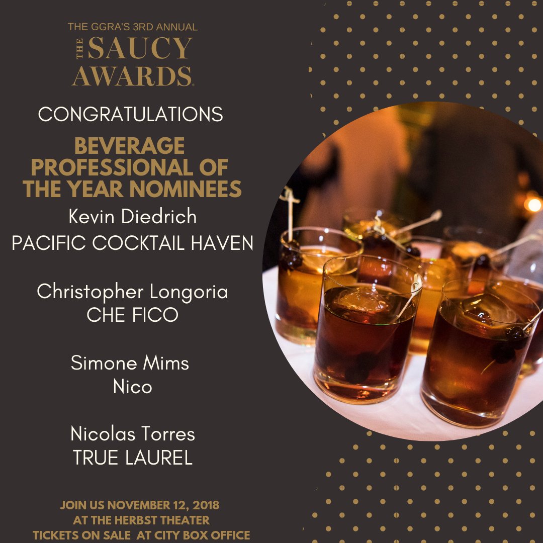 Simone Mims, Nicolas Torres, Kevin Diedrich, and Christopher Longoria all walk into a bar and the bartender says "Congratulations on your #Saucys18 Beverage Professional of the Year nomination!"

 <a href="/cheznicosf/">Nico SF</a> <a href="/truelaurelsf/">True Laurel</a> @pch580 <a href="/CheFicoSF/">CheFico</a>

Get Tickets: bit.ly/2SuiA3C