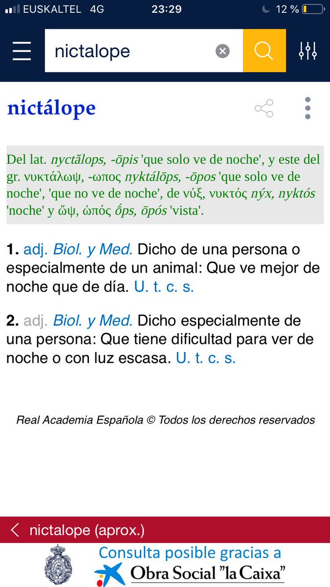 estrella_bilbo's tweet photo. Hola @RAEinforma ! ¿Es correcto que nictálope se use para hacer referencia a una persona que ve mejor de noche y también que tiene difucultades para ver de noche? Entiendo las dos acepciones como opuestas :( https://t.co/c4Jh9XRo0h
