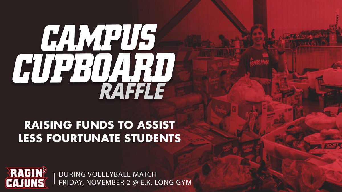 RaginCajunsVB's tweet photo. Fundraiser Alert 🚨 If you wish to donate to Campus Cupboard bring anything but cans to the volleyball match tomorrow night 🏐          RAFFLE TICKETS = 1$ at the door 🎟
If you bring a can opener you will receive 2 free raffle tickets! 
See you tomorrow Nov 2nd 6:30 pm 🤟🏼⚜️ https://t.co/y5QJnZXmfk