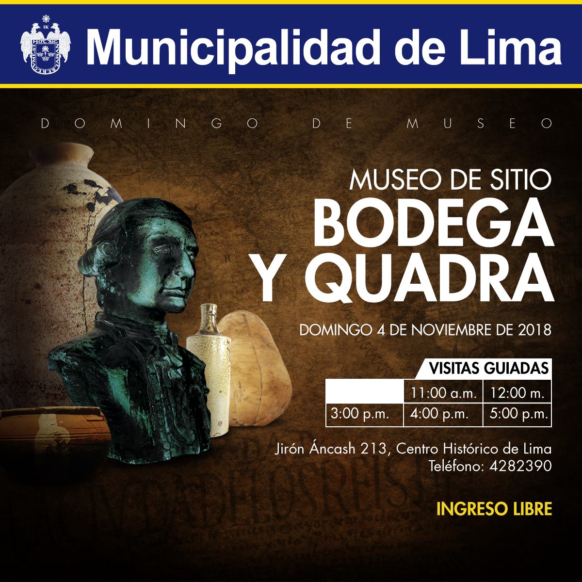 MuniLima's tweet photo. [DOMINGO DE MUSEO] 
Este fin de semana, participa de las visitas guiadas en el Museo de Sitio Bodega y Quadra y conoce más sobre la historia de Lima. #IngresoLibre https://t.co/FSScHrsUtx