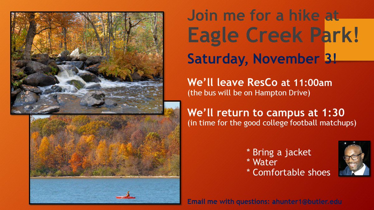 ProfHunterBU's tweet image. Hey, A-Wing @ResCoBU Are you looking to get out and enjoy the fall foliage? Do you need a short break away from the books? I've got you covered-- let's hit Eagle Creek (not too early or too late)! It's a beautiful park and one of my favorite spots in Indy! 🍁