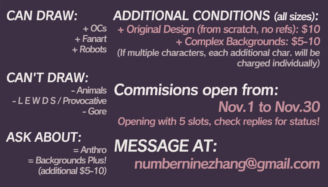 Number9Robotic's tweet photo. ▶️📺 Character art commissions are now open for this month! Currently opening 5 slots, may expand more if there's demand, haha. Expand for details! 
(RTs appreciated👍) https://t.co/tRZ7QiBOhm