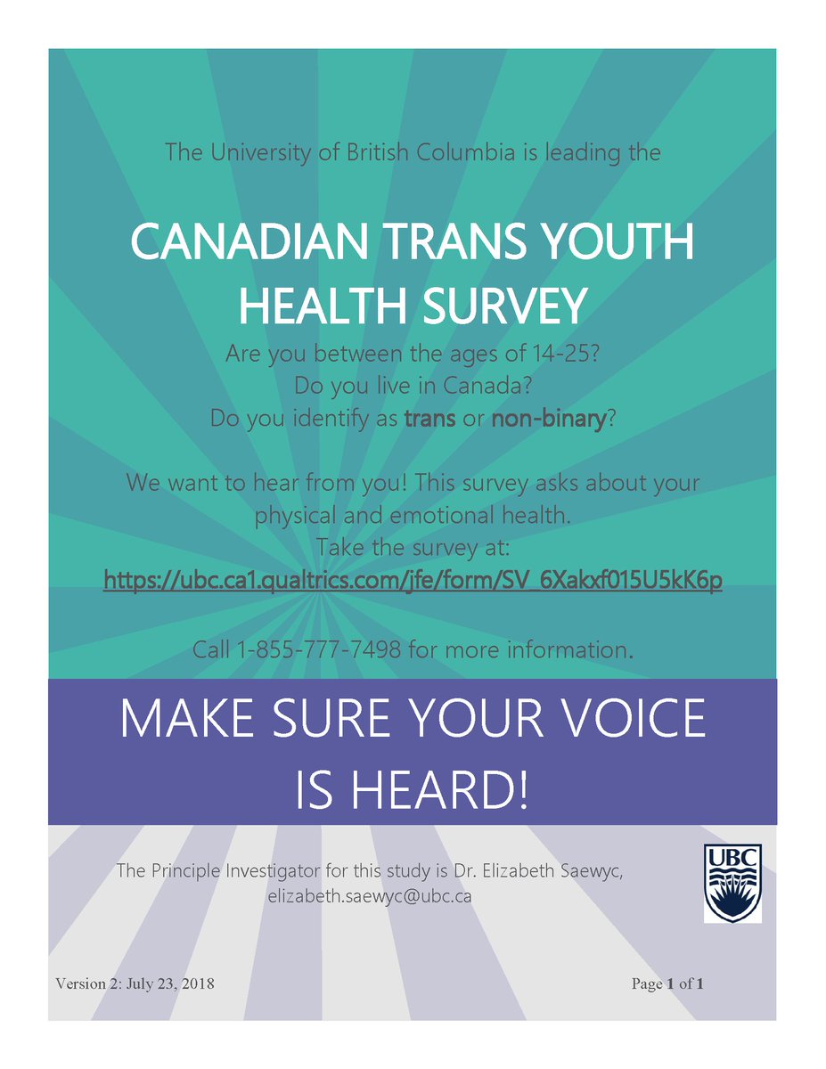 Today marks the launch of our 2nd Canadian #Trans and #NonBinary Youth Health Survey! Please share our survey with the #Trans #NonBinary #2Spirit and #GenderDiverse youth (and their allies!) in your lives! ow.ly/QK1w30msIIi #TransHealthMatters #TransResearch #TransPride