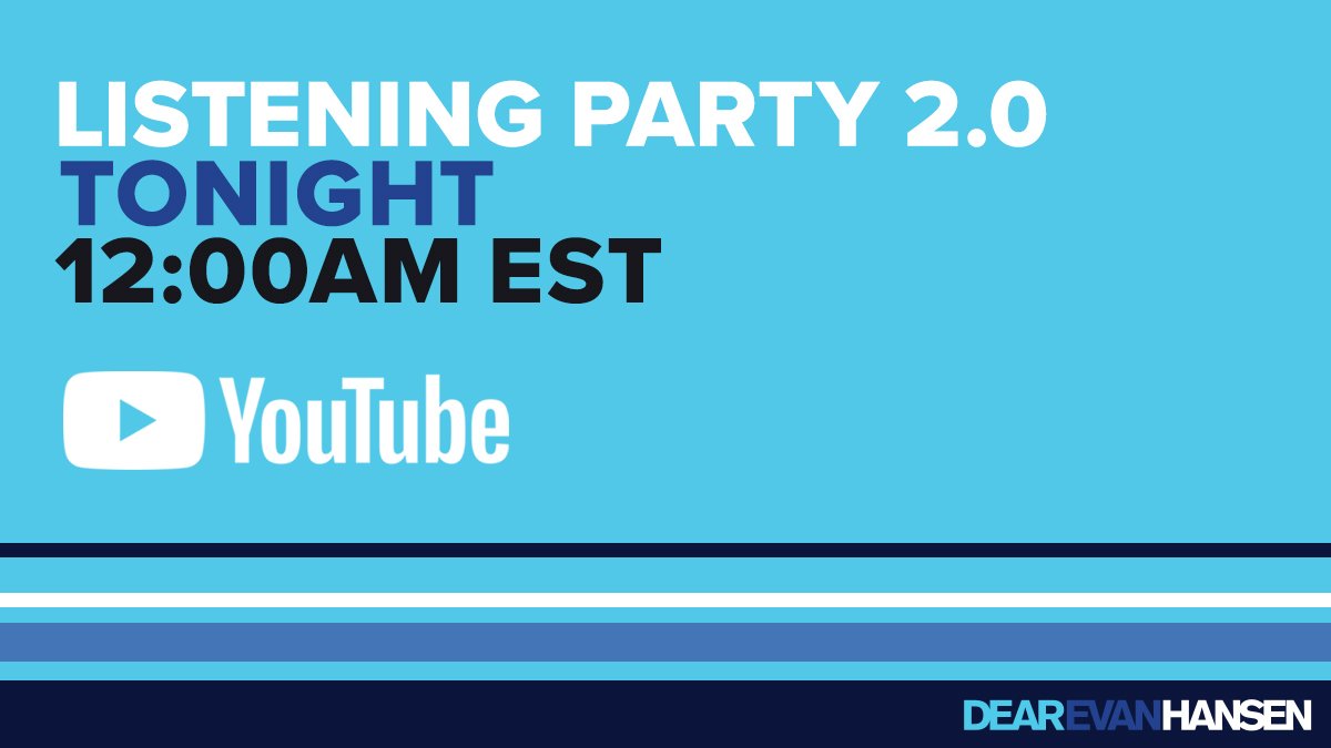 Tonight: Join us on YouTube for the live listening party of #DearEvanHansen’s Deluxe Album, special messages from the cast and creative team, and more. Tune in at midnight EST, here: bit.ly/DEHDeluxeParty