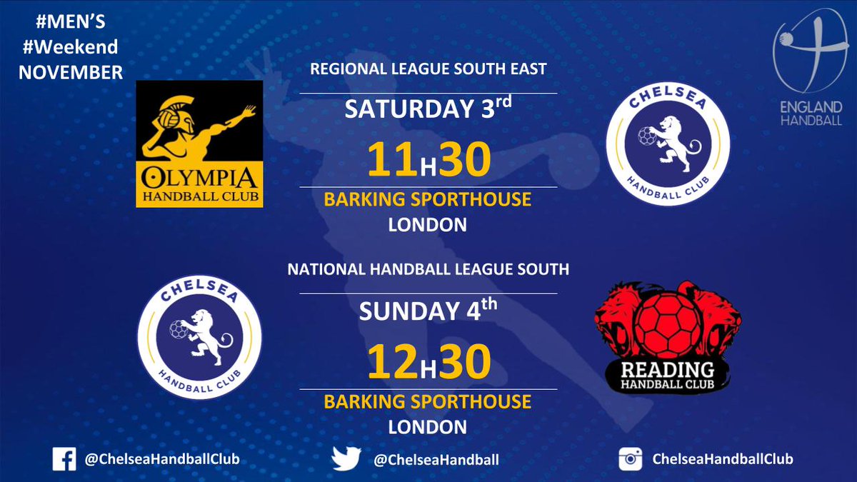 ChelseaHandball's tweet photo. 🚨Seniors' #Fixtures 🔵⚫️

🔝matches this week🔚!

On Sat co-leaders @Olympia_HC &amp; #Chelsea play for1⃣position of the #Regional #SouthEast #League
On Sun #National team'll try to keep the + trend vs @ReadingLionsHC aiming to win its 1st match

🗣️Come &amp; Support!
#englandhandball https://t.co/0SRPTepmOA