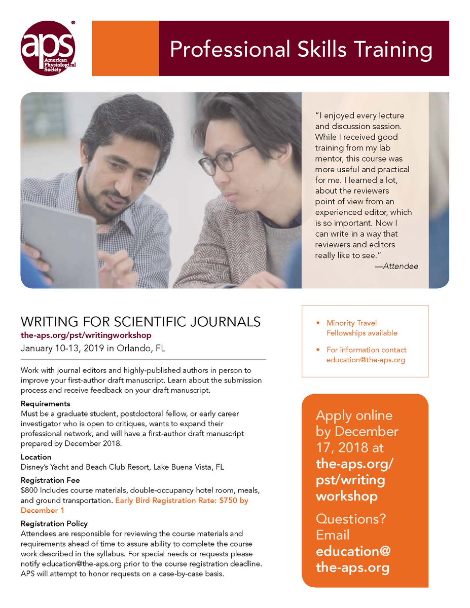 AJPEndoMetab's tweet photo. Great opportunity to hone your manuscript writing skills in Orlando, Florida, January 10-13, 2019, at the APS-sponsored workshop "Writing for Scientific Journals".  Application deadline: 12/17/18; save $50 if you register by 12/1/18. For details: https://t.co/JaGgB0doCw  &amp; image https://t.co/nRP4ZoJUig