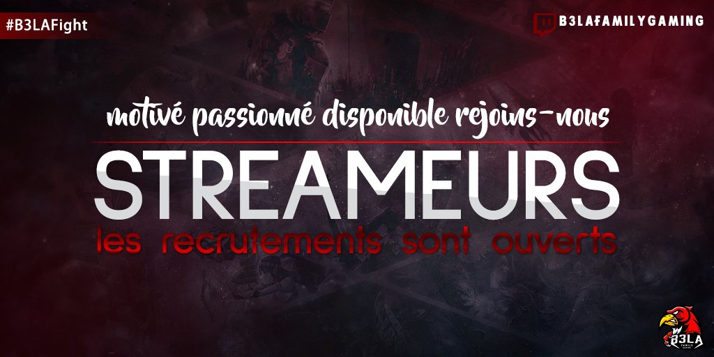 #stream #twitch #gaming #recrutement  

☑️Tu es streameur/streameuse, prêt(e) à t'investir ?  

💪Rejoins l'équipe, on ouvre les recrutements !  

➡️N'hésites pas à contacter <a href="/sassouu78/">KC Sasouu</a> ou @B3LA_GriZLy si tu as des questions.  

#B3LAFight