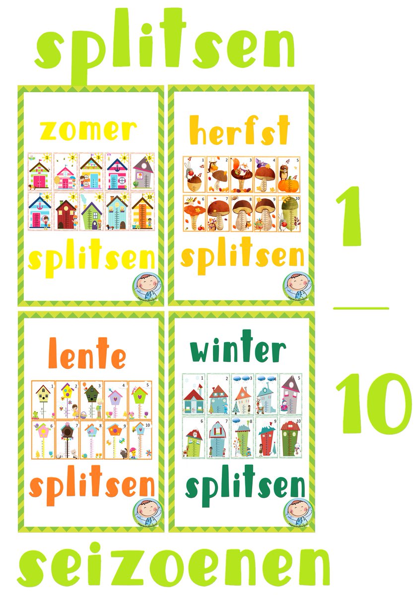 Wil je leuke splitshuizen en nog wel voor elk seizoen? Lamineer de pagina's op A3 en lamineer ze en de kinderen kunnen naar hartelust oefenen.  Kijk op wegvanonderwijs.nl/splitsen/