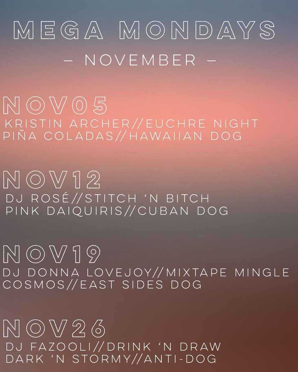 Get ready for November's Mega Monday lineup <a href="/toasthamont/">Toast Wine Bar</a>! Not only a new hotdog and cocktail every week but a new activity too 🌭🍷🍹 Of course we'll each be there holding down the tunes every time! 🎧🎶