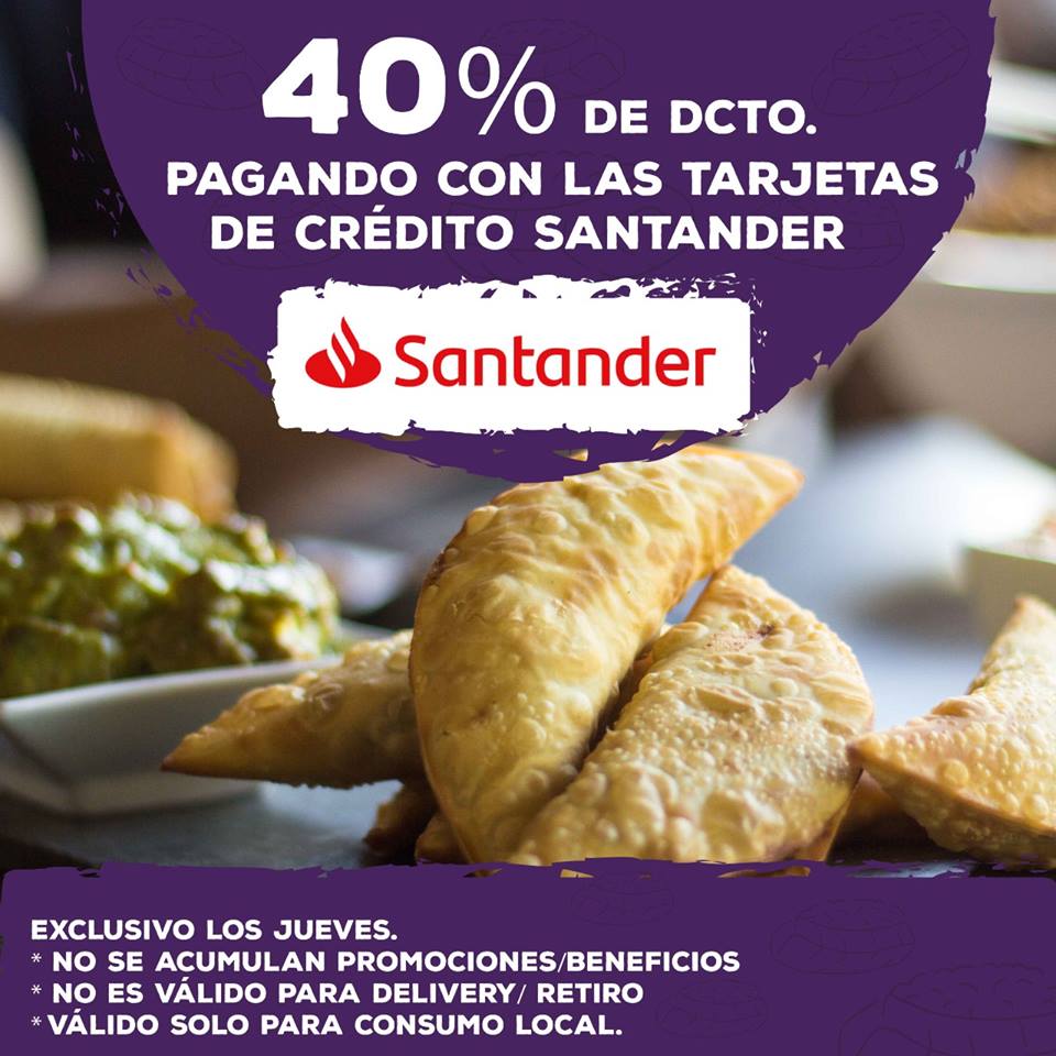 Aprovecha esta increíble oportunidad! Tienes un 40% de dcto si eres cliente #Santander, pagando con tu tarjeta de Crédito Santander 😍
*Exclusivo los Jueves <3
* No se acumulan promociones/beneficios 😘
* No es válido para delivery/ retiro 🤗
* Válido solo para consumo local 😍