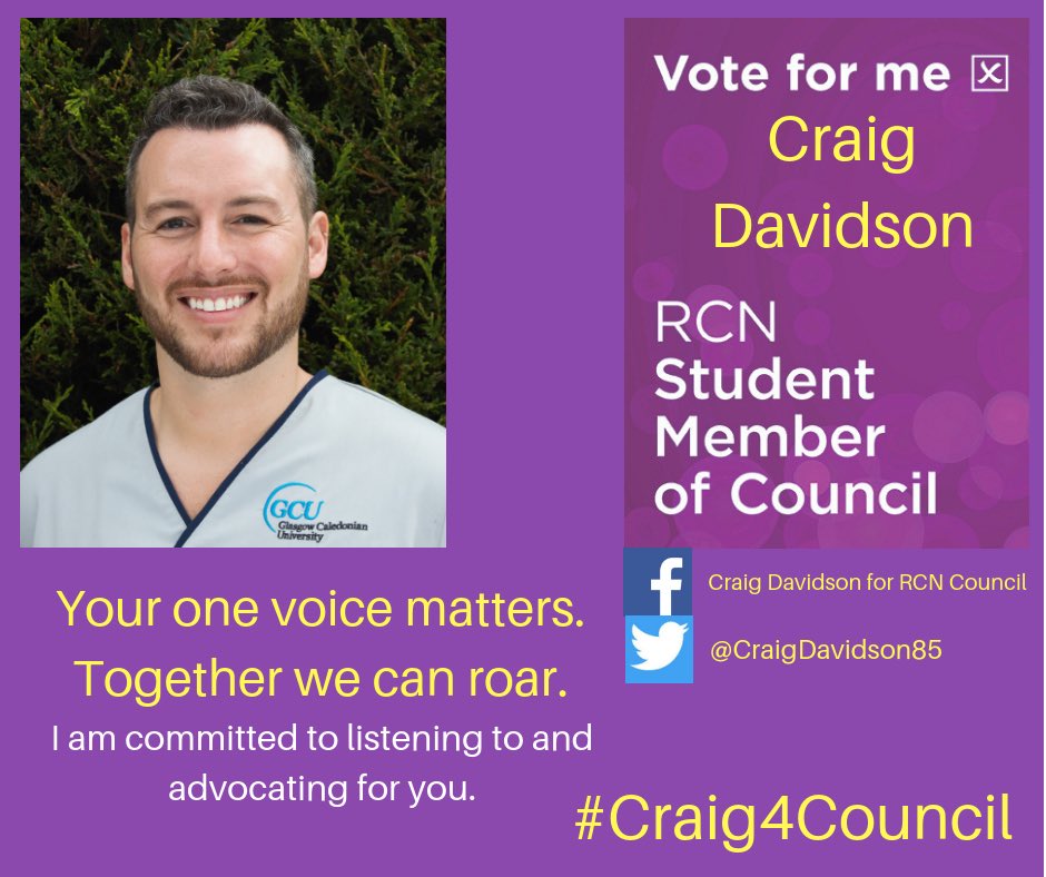 CraigDavidson85's tweet photo. I'm standing for Student Member of @theRCN Council alongside four brilliant candidates. I would love to be the channel for your voice. But why should you vote for me? Find out by watching my campaign video at https://t.co/5eeDQzJa6s #Craig4Council #RCNStudentElection @RCNStudents https://t.co/5MF9rKczYT