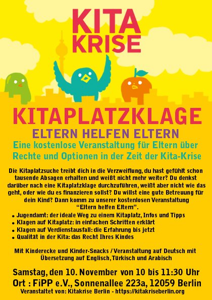 KitakriseBerlin's tweet photo. Die #Kitaplatzsuche ist eine Erfahrung zwischen Hoffen und Bangen. Gute Informationen zu finden zu den Rechten als #Eltern wahnsinnig schwer. Das wollen wir ändern! #kita #kitakrise #Kitaplatz #Kitanotstand #kitamangel #familieberlin #tagesmutter #tagesvater #erzieher|innen https://t.co/n3Qn2FXYy4