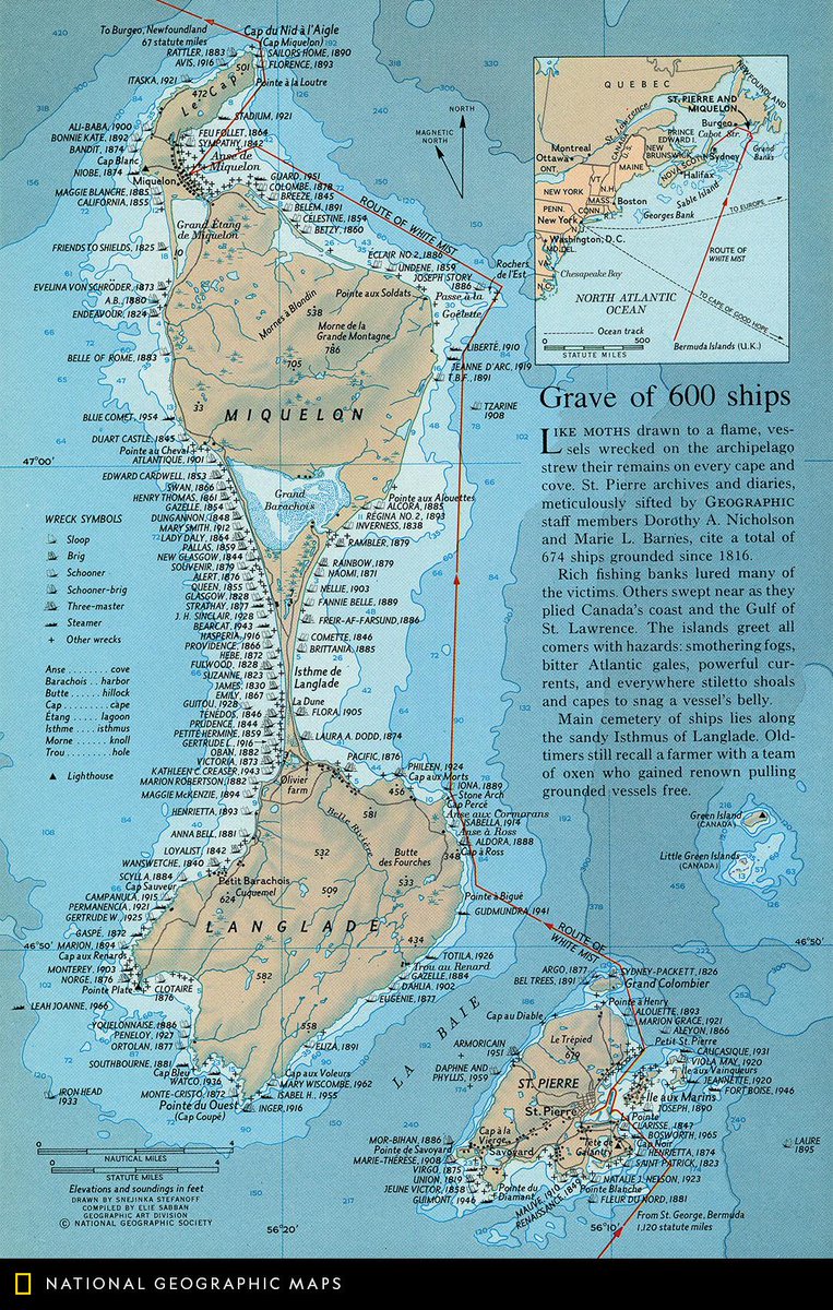 Map of the Day: This map, published in September 1967, charts shipwrecks around Saint Pierre and Miquelon. A total of 674 ships wrecked in the area from 1816 to 1967. #MapOTD