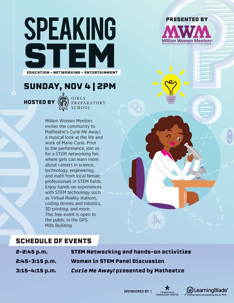 MillionWMentors's tweet image. #MWMentors-Tennessee, @LearningBlade &amp;amp; @tnamwater are hosting a &quot;Speaking #STEM&quot; this Sunday at @GPSBruisers in Chattanooga! Events include hands-on activities, a #WomenInSTEM panel, &amp;amp; Curie Me Away - The Musical! More info via @Chattanoogancom 👉 buff.ly/2qo8CUF