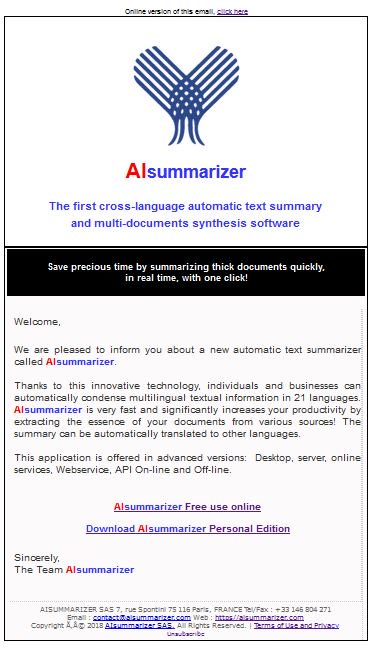 AutoSummarize's tweet image. Launch of our first hashtag#newsletter : aisummarizer.com/en/newsletter-… #AIsummarizer The first cross-language automatic #text #summarization and multi-#documents #synthesis #software
Save precious time by summarizing thick documents quickly, in real time, with one click!
#nlp #ai