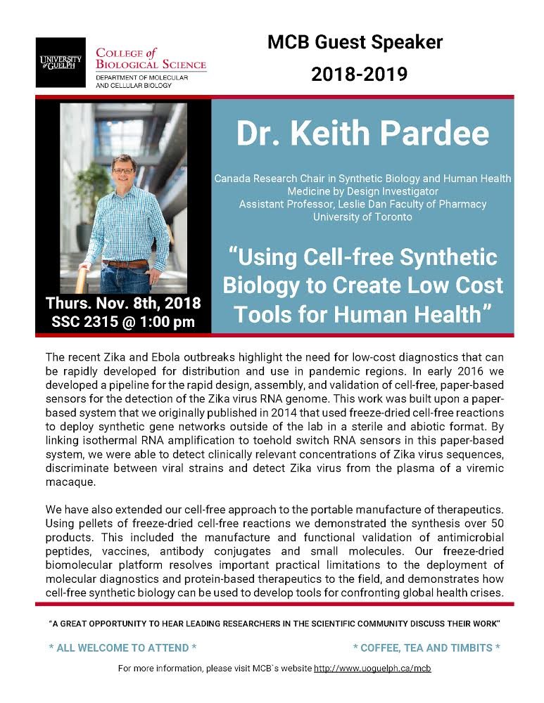 Could not be more excited to co-host the wonderful Keith Pardee (<a href="/PardeeLab/">Pardee Lab</a>) with <a href="/GeoCox44/">Cox Lab UoG</a> at <a href="/UofG_MCB/">MCB at UofG</a> next week. Come learn about his exciting new tools and applications for cell-free synthetic biology!