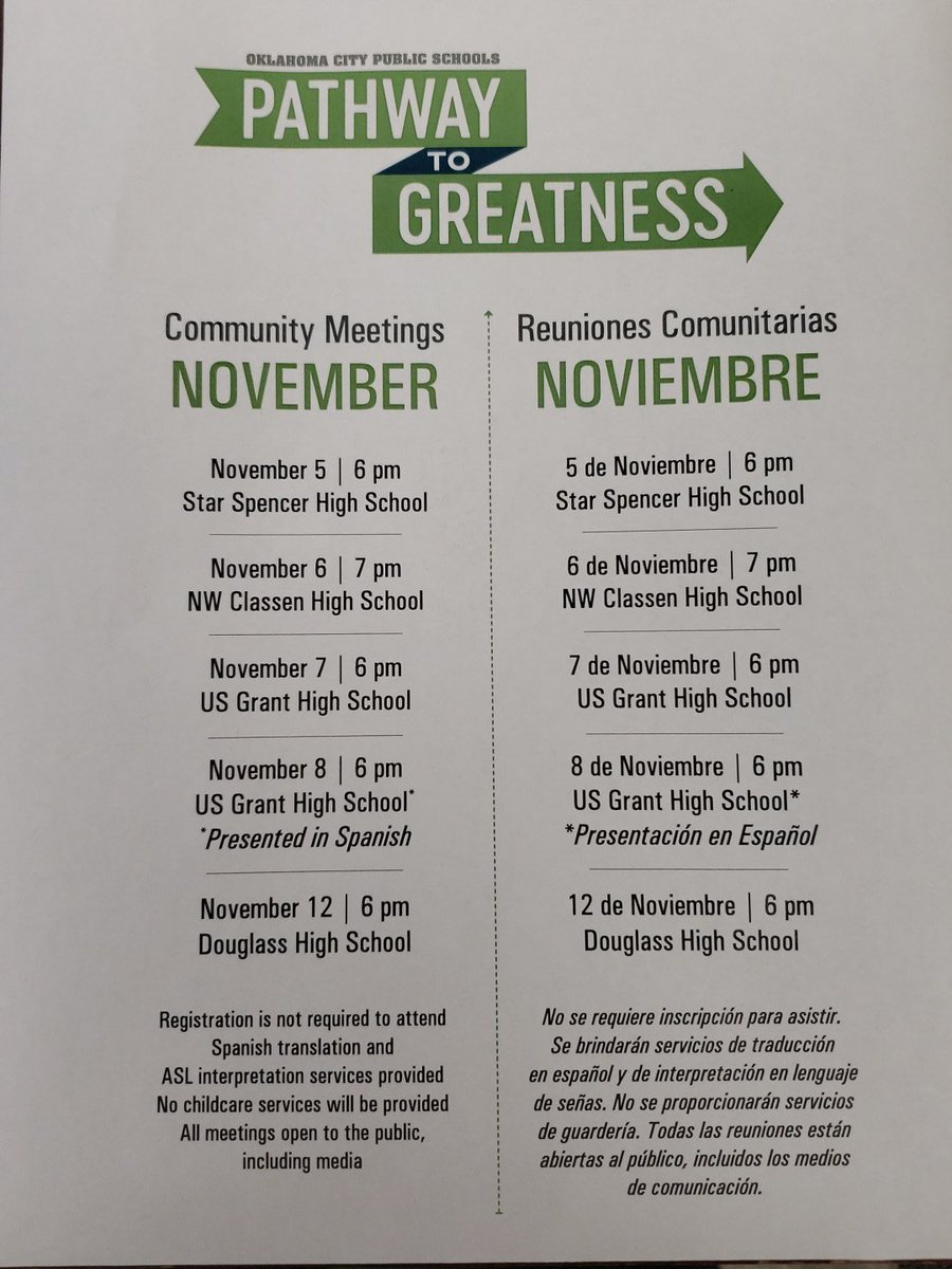 Star Spencer will be hosting the OKCPS Pathway to Greatness meeting on Monday, November 5th at 6pm. Come learn about the future of OKCPS. Let's pack the auditorium.