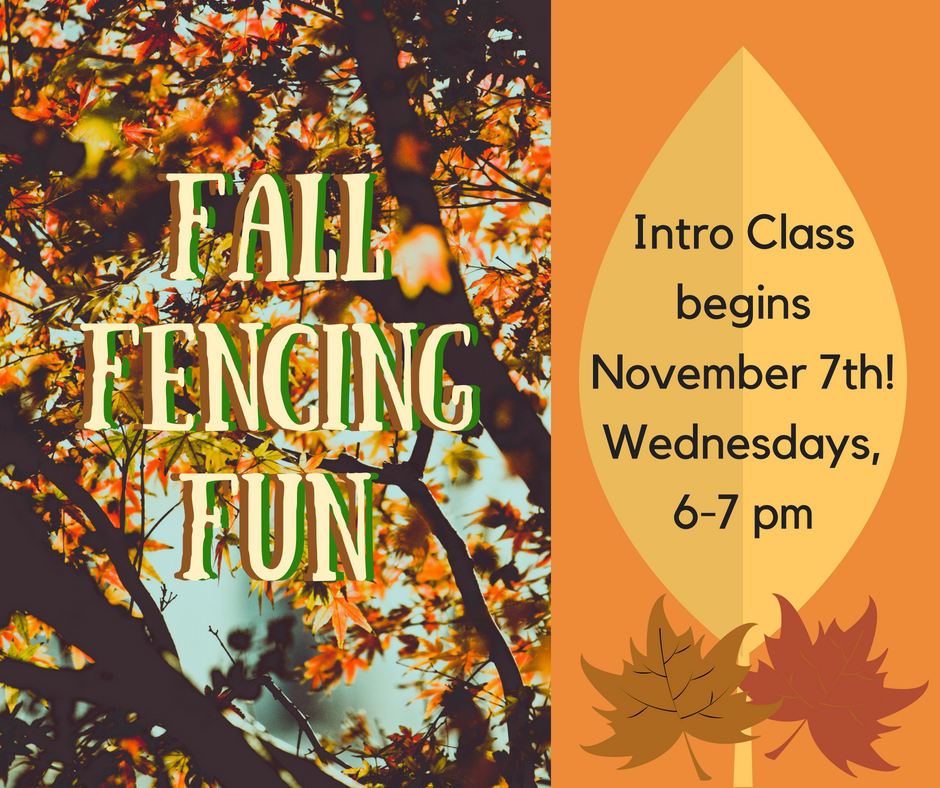 MissionFC's tweet photo. As the weather gets cooler outside, come inside and learn to fence with us! November Introductory class starts Nov 7th and runs for 4 weeks on Wednesday from 6-7pm. $100 tuition covers classes, equipment rental, and a FREE private lesson. Call or PM us to sign up! https://t.co/R06WhVc7gy
