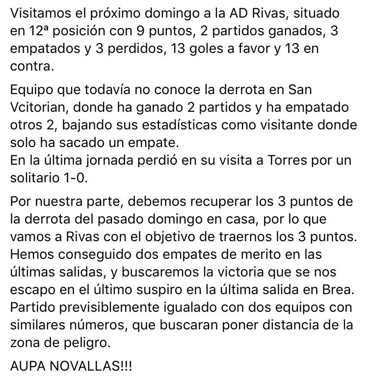 🏆 1 Regional G3
⚽ Jornada 9
🆚 <a href="/AAdrivas/">A.D.RIVAS</a> - <a href="/CDNovallas/">CD Novallas</a>
📆 Domingo 04-11-2018
🕜 16:00 Horas
🏟️ San Victorian
📌 Rivas
🔵🔵⚪#aupanovallas⚪🔵🔵