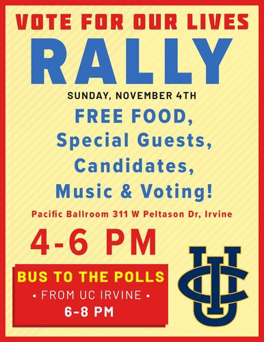 eve_levenson's tweet photo. SoCal Peeps! Check out this amazing event at @UCIrvine where you can hang out with candidates, @AMarch4OurLives activists, and get a free ride to the polls!!!

There are so many important elections in Orange County and our generation has the power to decide their outcome🗳🚌🎵🧡 https://t.co/1HvLlov77v