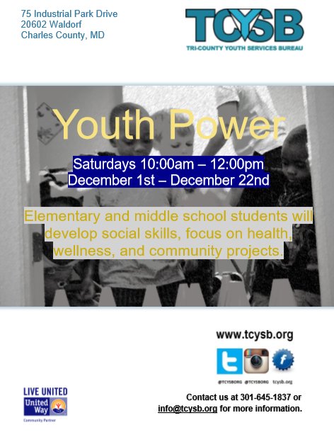 Youth Power
Saturdays 10:00am – 12:00pm 
December 1st – December 22nd
Elementary and middle school students will develop social skills, focus on health, wellness, and community projects. #youthpower #kidspower #kids