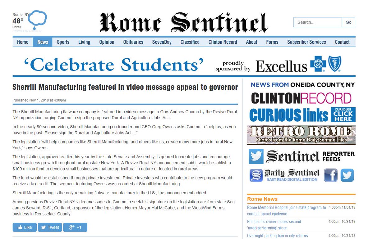 .@RomeSentinel features article about Sherrill Manufacturing CEO who urges <a href="/NYGovCuomo/">Archive: Governor Andrew Cuomo</a> to sign the #RuralAgricultureJobsAct, on his desk now and requires action by Monday: bit.ly/2SDbVnZ #Upstate #NewYork #EcoDev <a href="/syracusedotcom/">syracuse.com</a> <a href="/OneidaDispatch/">Oneida Dispatch</a>