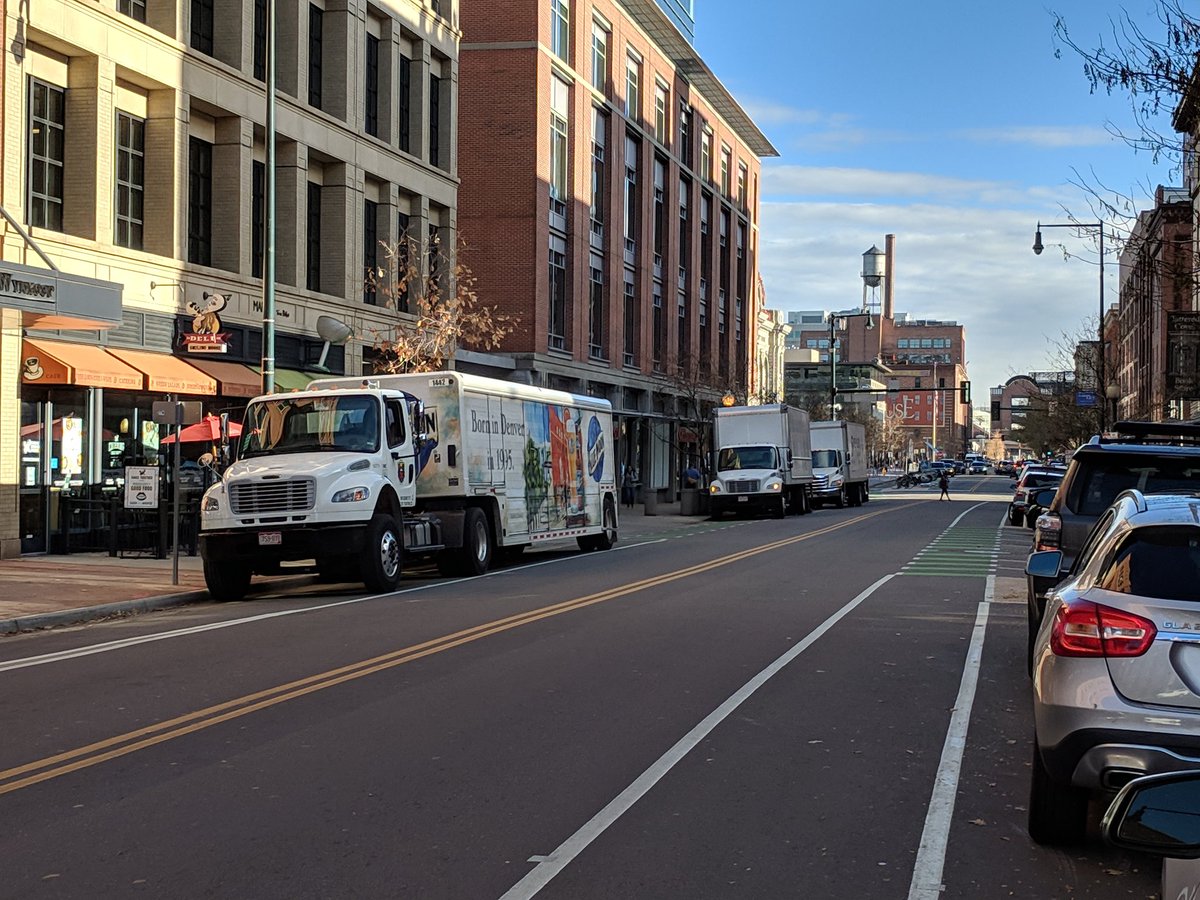 benschumacher's tweet photo. Three different delivery trucks in Wynkoop bike lane this morning. At what point do we stop pretending that this lane improves safety for cyclists or even provides space...? https://t.co/yKTTVerVZ1