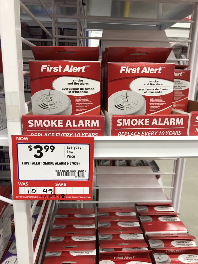 Do you need battery operated smoke alarms?  We’re at Lowe’s tonight and this sign is No Joke! $3.99!!  Battery included!  #ExcusesAreChildish.