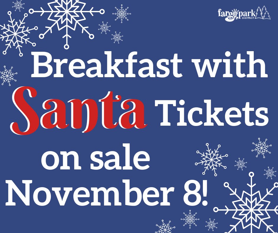 FargoParks's tweet photo. Visit Santa & Mrs. Claus for breakfast! Enjoy a hot breakfast, an entertainment show & make a holiday craft with an elf. Bring your camera- there will be photo opportunities with Santa & Mrs. Claus! Details at https://t.co/lHyx7ztGdj . #FargoParks #ILoveFargo #FallIntoFargoFun https://t.co/dpl4z96RcX