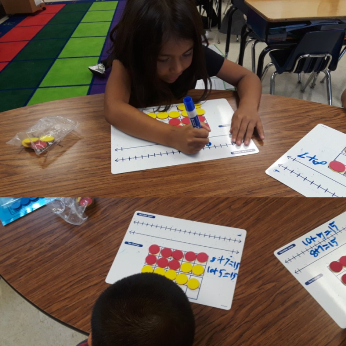 maritzaaargueta's tweet photo. Students using double ten frames and counters to solve word problems by using bridge 10/ making 10 reasoning strategies. @WilliamsES_PISD #PISDMathChat https://t.co/c876Y0lOHv