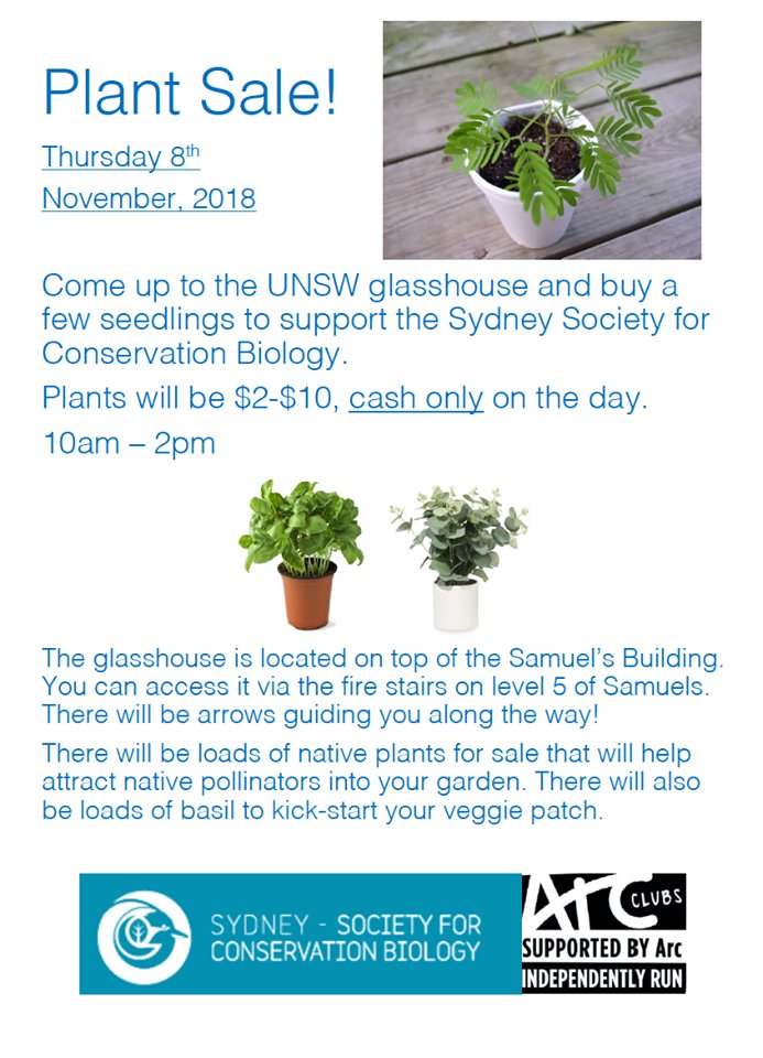 SydneySCB's tweet photo. Next week we're having a PLANT SALE! Come along to the UNSW glasshouse (https://t.co/tnZuuUIDpG) and buy some native plants for your garden.
There is metered parking in the Botany St carpark right next to the Samuel's building or easy public transport to the campus. https://t.co/bCpy3C8NDW