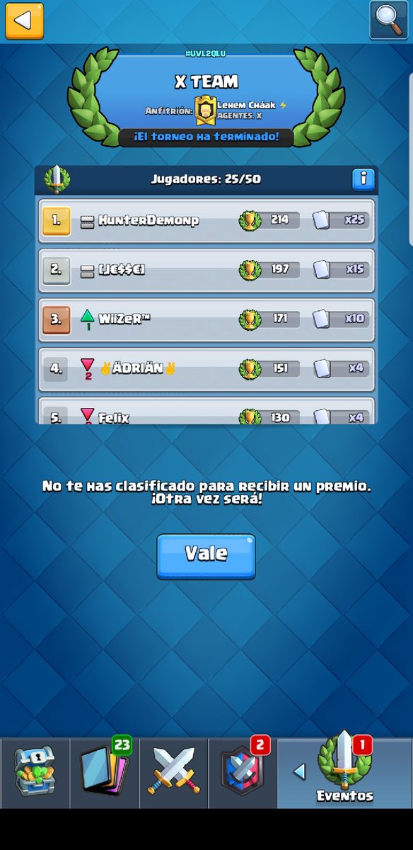 🎉🎊Felicitaciones🎊🎉 <a href="/HunterDemon3/">HunterDemon</a> por la victoria de este torneo. Un gran jugador y una gran persona 🥇. Agradecemos a Hunter y a <a href="/PEDROLHAZO/">PedroOrozcoGFX</a> por el apoyo en el torneo y por formar parte de este pequeño equipo. Pero más agradecidos con los compañeros que participaron hoy👏🎉.