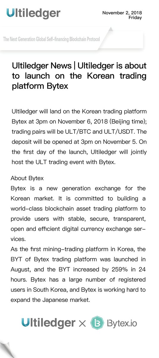 Ultiledgerio's tweet image. Ultiledger is about to launch on the Korean trading platform Bytex
@Bytexio  #Ultiledger