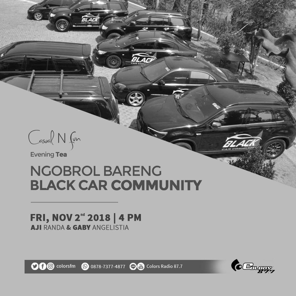 Colorsfm's tweet photo. Happy Friday Colors People! kita udah ada di penghujung weekdays nih, nanti sore rileks dulu yah sambil dengerin talkshow #CasualNFun barengan Black Car Community. Mulai jam 4 sore, stay on! https://t.co/Vbg3fq4p1z