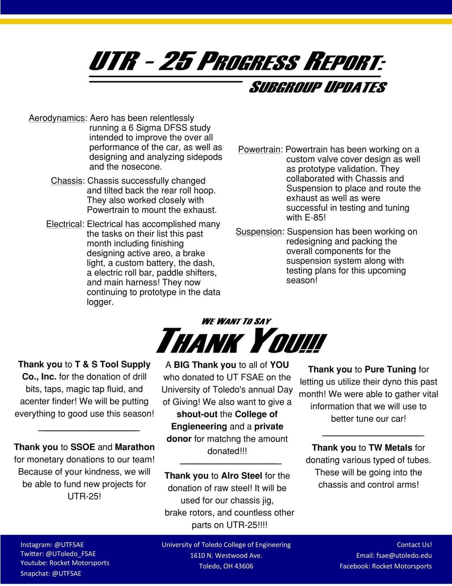 Want to know what Rocket Motorsports has been up to recently? Check out our October Newsletter! It highlights our major events in addition to thanking our generous sponsors and providing insight into each subgroup's progress over the course of our busy October.