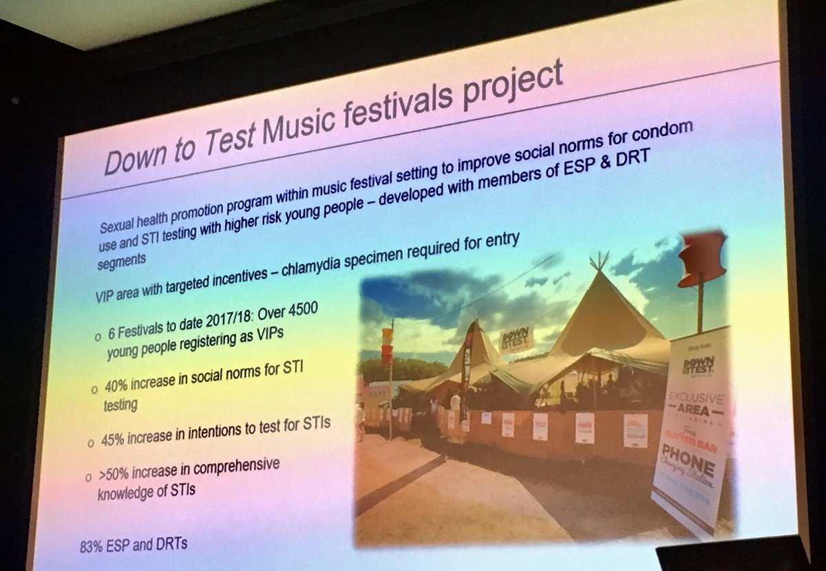 Terrific initiative from NSW engaging over 4,500 young people at music festivals improving social norms around condom use and sti testing. #IUSTIAP18