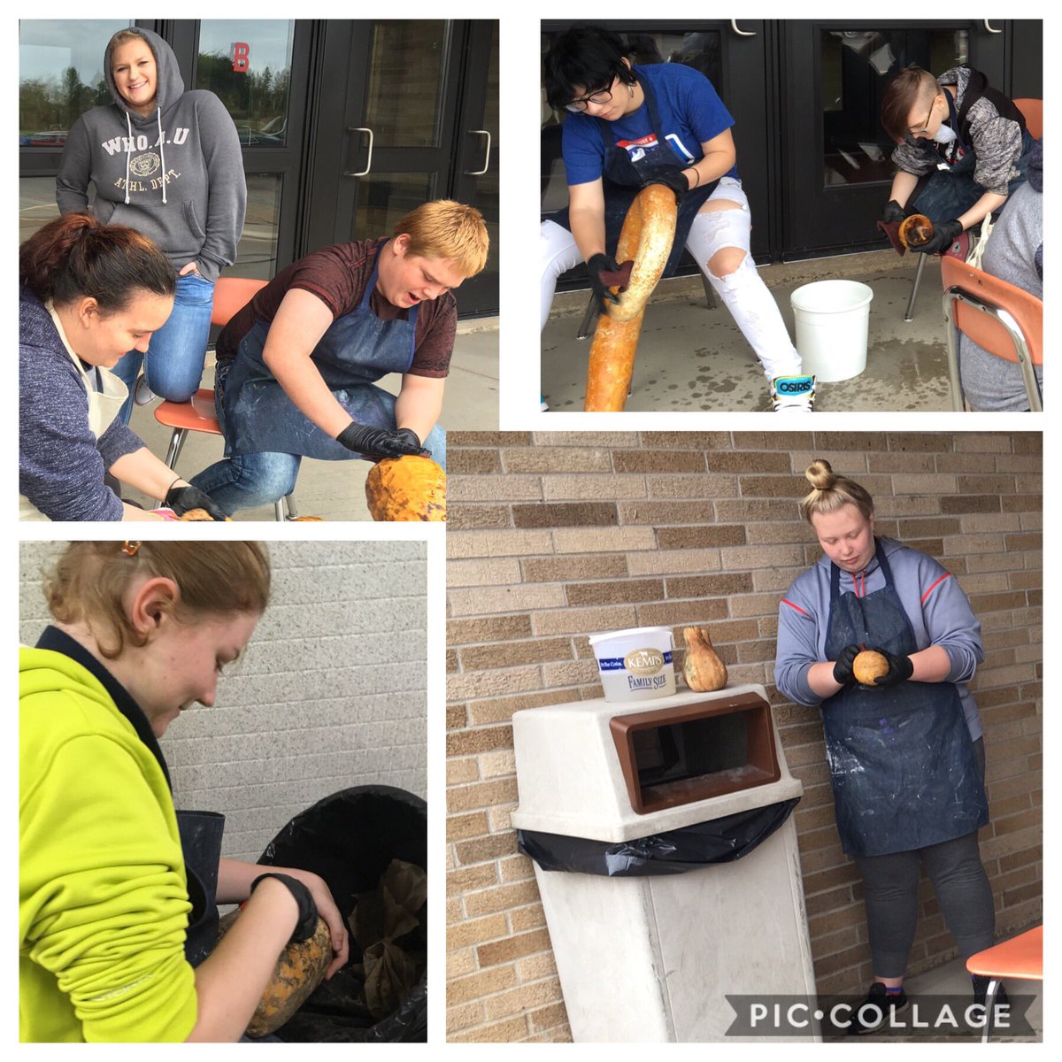 LavickAnne's tweet photo. Studio art students clean gourds outside so that they can paint on them. Preparing the gourd is not easy but it is an important part of the process!#owblackhawkpride @OWSchoolDist https://t.co/iQ7MxqefBg