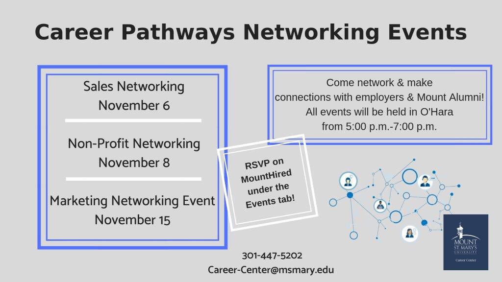 Networking events coming up! Sign up here! Your chance to network with alumni in your field of interest. (Free food too!) msmary-csm.symplicity.com <a href="/MountBusiness/">MountBusiness</a> <a href="/MSM_LiberalArt/">MSMU Liberal Arts</a>