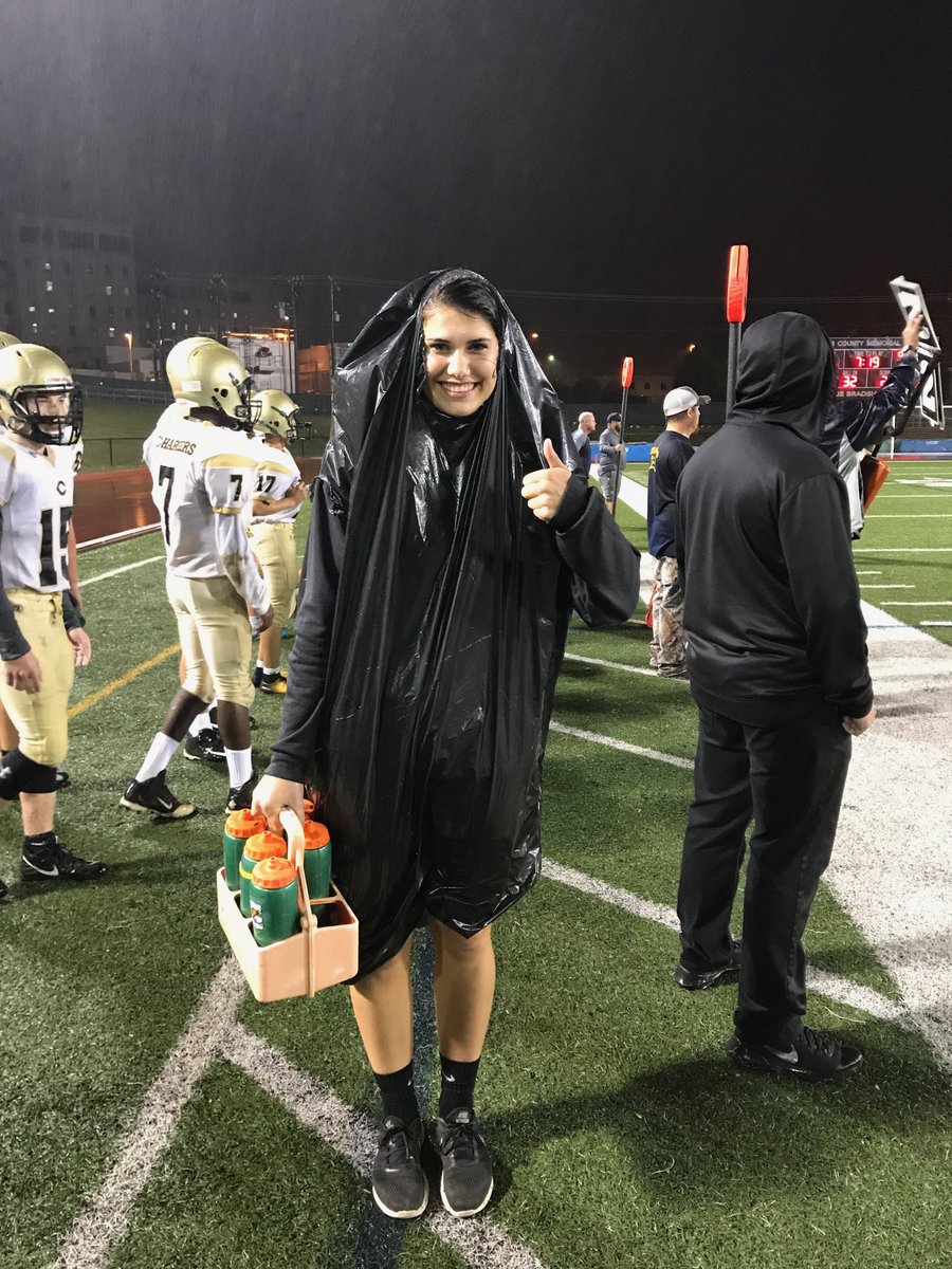 nhs_sportsmed's tweet photo. We made it through a rainy first half of JV football. Maddie wins the creativity prize for her poncho made out of a trash bag! https://t.co/zGpfRqYp6M