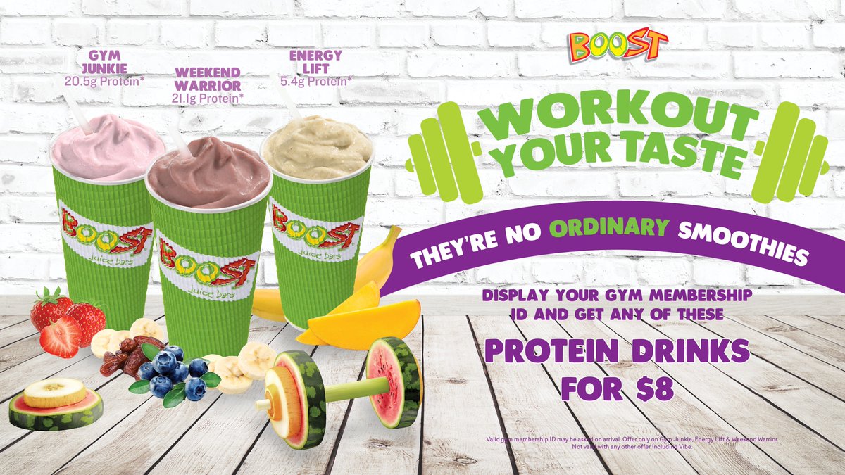 Boost_Juice_NZ's tweet photo. Prepping for summer, are we? It's time to hit the gym and get working on that beach bod!💪 Show us your Gym ID and get your Protein &amp; Energy Boost just for $8. Valid only on Gym Junkie, Energy Lift and Weekend Warrior. Only one Boost per ID. https://t.co/lMkaoib1gg