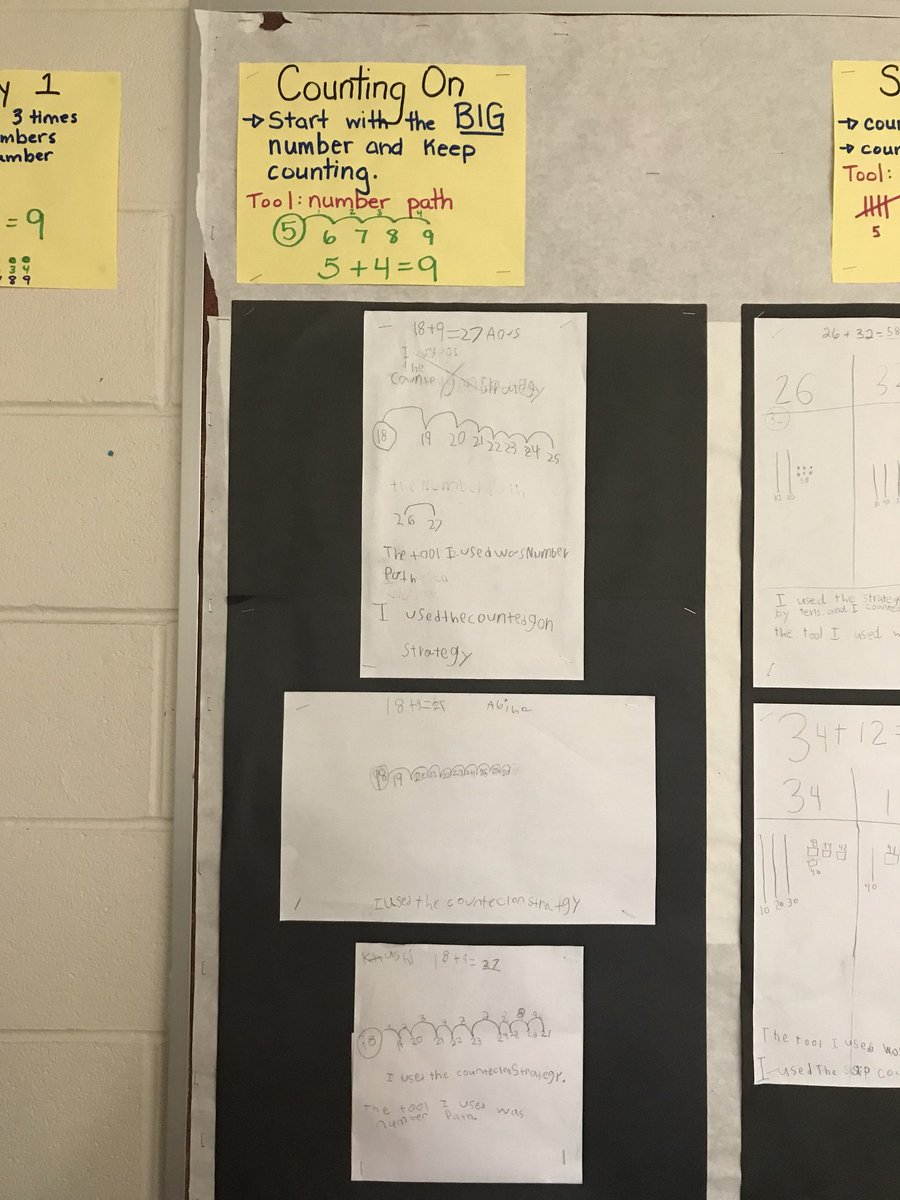 Our strategy wall is building with student examples ! A few more will be up tomorrow for friendly numbers .... #noticeandname #mathstrategies #celebratedifferentthinking