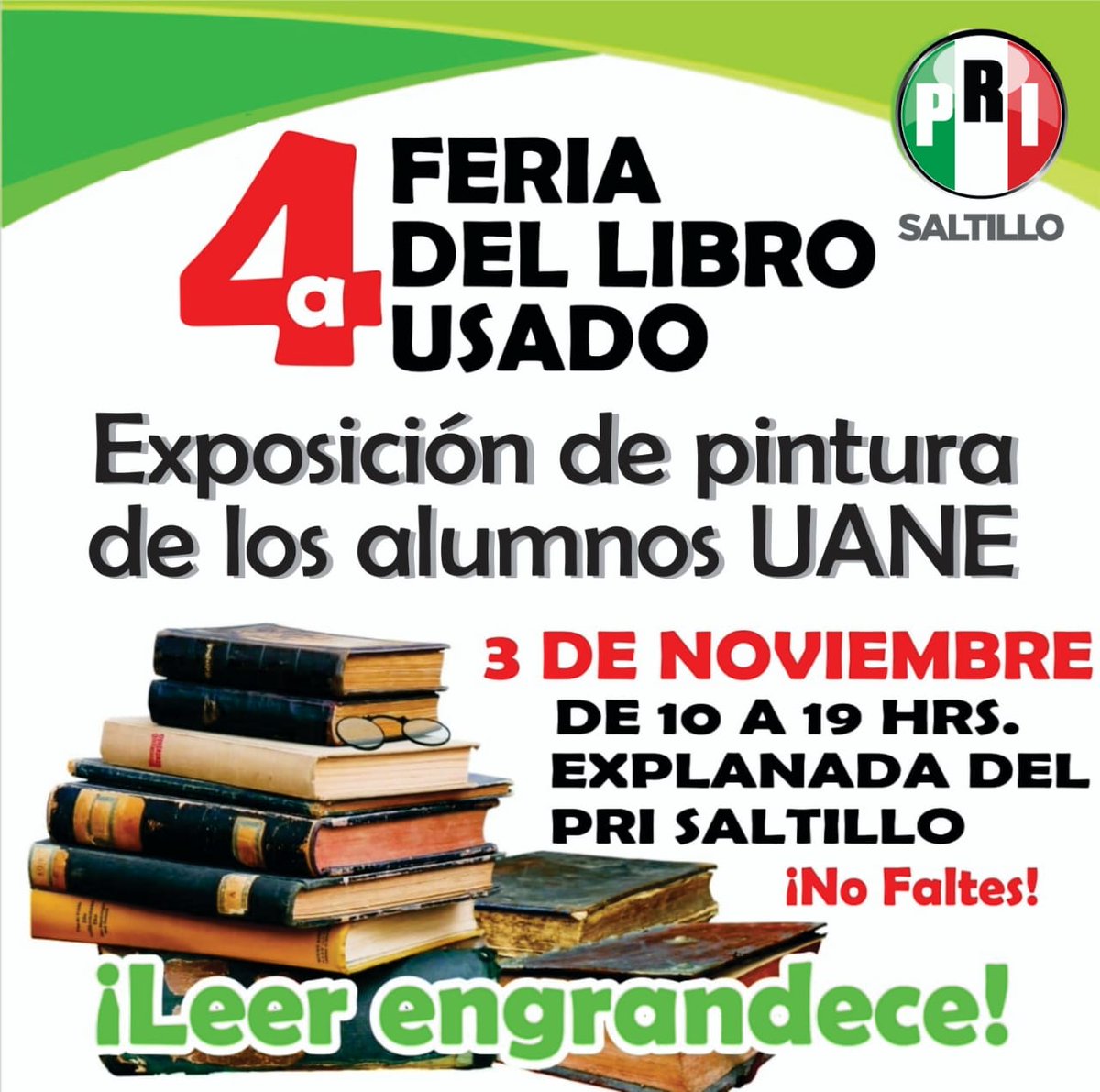 PRISaltillo's tweet photo. ¿Ya tienes a dónde ir el fin de semana? Nosotros te invitamos a visitar la 4a Feria del Libro Usado #Saltillo
#LeerEngrandece #LeerTeReinventa https://t.co/rEpsK5Cptb