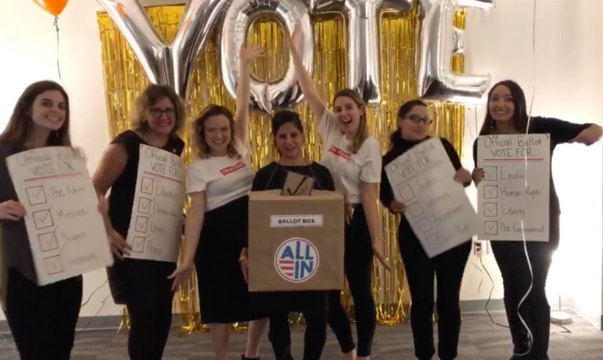 VoteTogetherUSA's tweet photo. Award for best costume of 2018? @allintovote + @civicnation team as ballots and ballot boxes. We're FIVE days away. Do you have a plan to vote? 

cc: @_imvoting_ because those tees are great! https://t.co/jA8HDdbwai