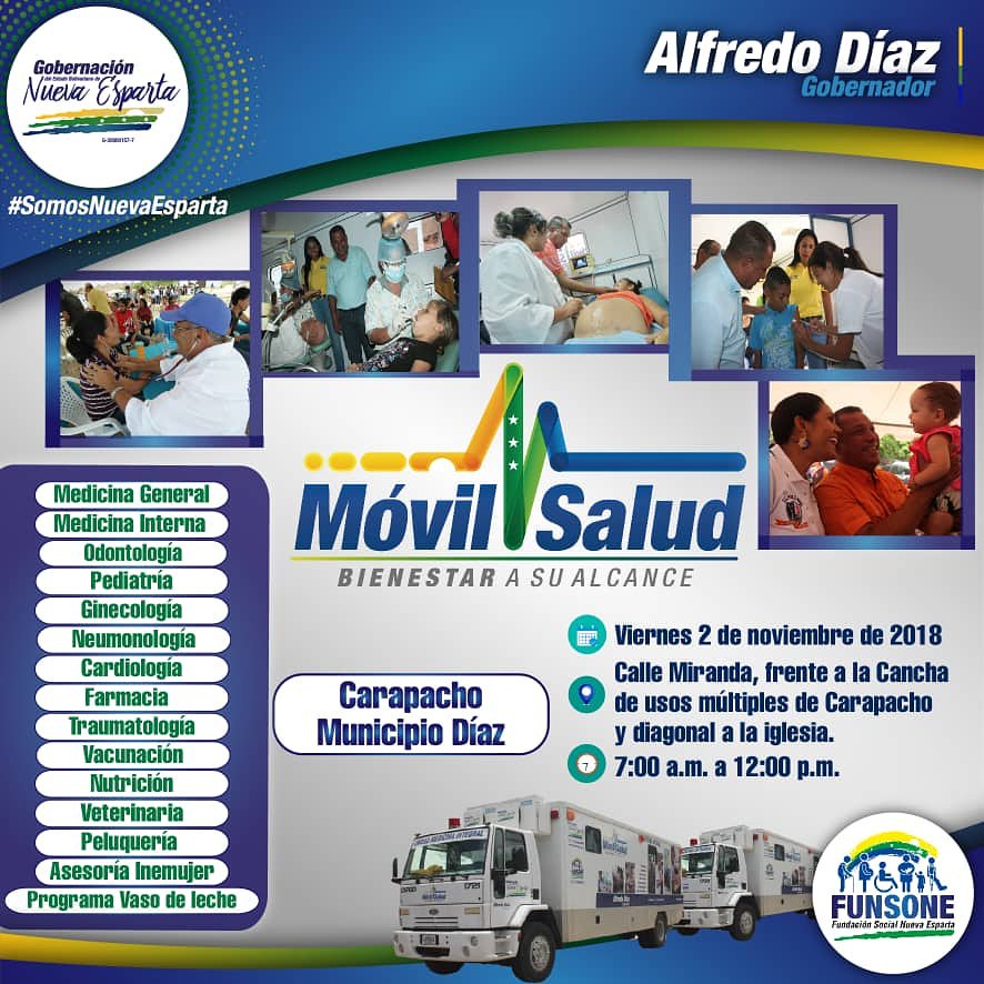 GobiernoENE's tweet photo. Mañana viernes nuestras unidades médicas harán parada en en municipio Díaz. Diversas especialidades médicas, Odontología, farmacia, peluquería,  veterinaria y una jornada social integral se llevarán a cabo en Carapacho 
@alfreditodiaz @leynysmalave #MovilsaludCarapacho https://t.co/jMi0gRVXmV