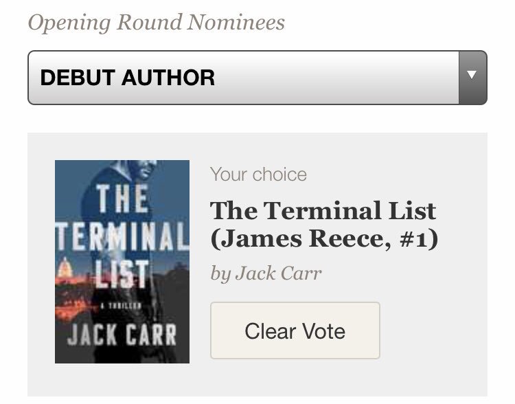 Maddie15Taylor's tweet image. #WriteHimIn Sign up &amp;amp; get your vote in for not only an incredible author, but one of my favorite people @JackCarrUSA #TheTerminalList for debut author @goodreads goodreads.com/choiceawards/b… 🤘🏼 #NationalAuthorsDay