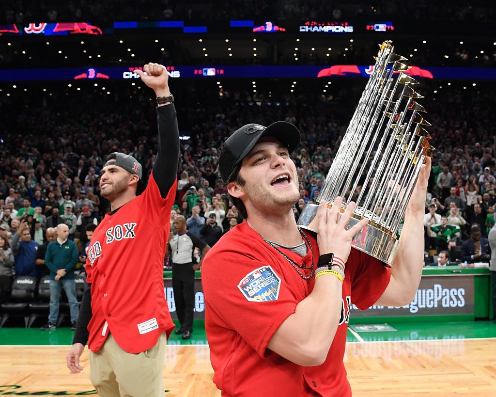 celtics's tweet photo. The World Champs brought over some new hardware 🏆 https://t.co/2e0JEjsEaR