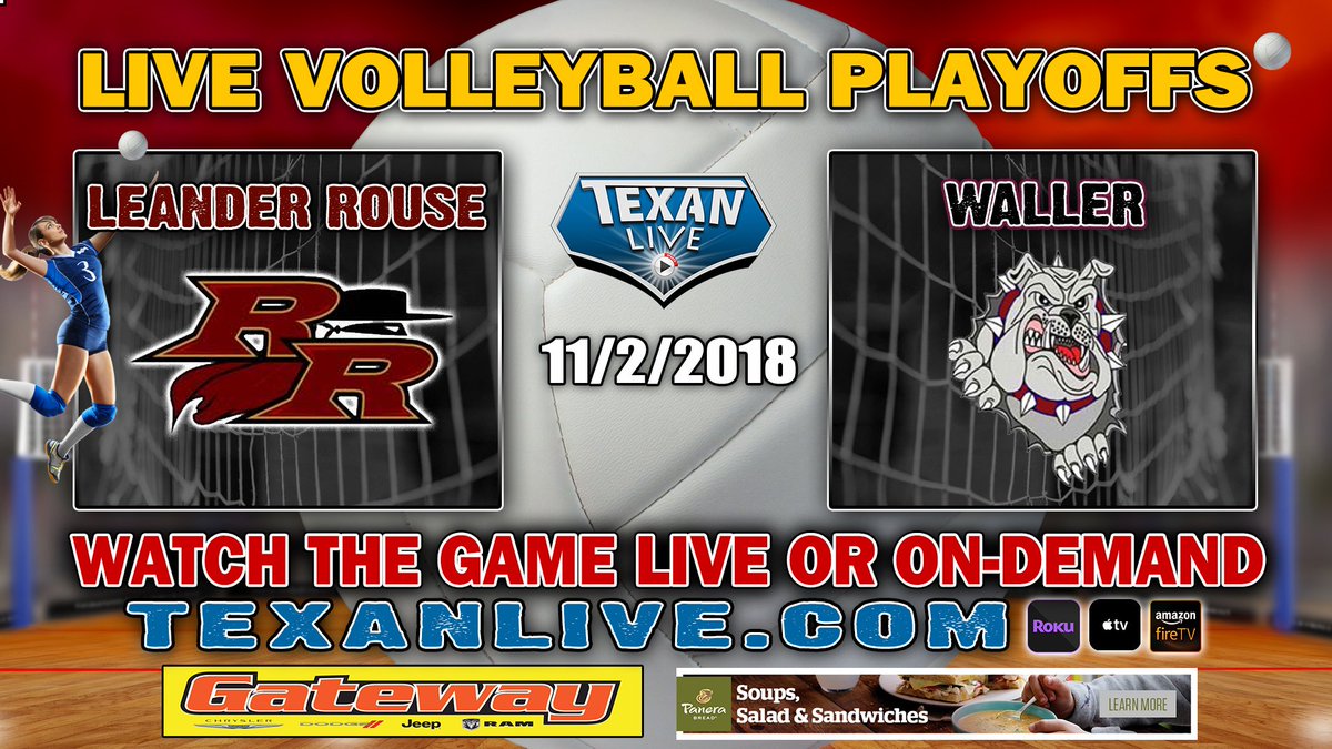 Dave Campbell’s Texan Live - Texanlive.com (@texan_live) on Twitter photo WATCH LIVE 🏐 Leander Rouse vs Waller 🏐 Area Round Volleyball Playoffs on texanlive.com 📢<a href="/RouseRaidersVB/">Rouse Raiders</a> <a href="/Rouseathletics/">Rouse</a> <a href="/raiderrumbler/">RaiderRumbles</a> <a href="/vlc32074/">Vanessa Carter</a> <a href="/WallerVBall/">Waller Volleyball</a> <a href="/JadanMb/">Jadan✨</a> <a href="/WallerISD/">Waller ISD</a>
⏲️11-2-2018 7:00pm cst
📺texanlive.com/2018/11/leande… WATCH LIVE 🏐 Leander Rouse vs Waller 🏐 Area Round Volleyball Playoffs on texanlive.com 📢<a href="/RouseRaidersVB/">Rouse Raiders</a> <a href="/Rouseathletics/">Rouse</a> <a href="/raiderrumbler/">RaiderRumbles</a> <a href="/vlc32074/">Vanessa Carter</a> <a href="/WallerVBall/">Waller Volleyball</a> <a href="/JadanMb/">Jadan✨</a> <a href="/WallerISD/">Waller ISD</a>
⏲️11-2-2018 7:00pm cst
📺texanlive.com/2018/11/leande…