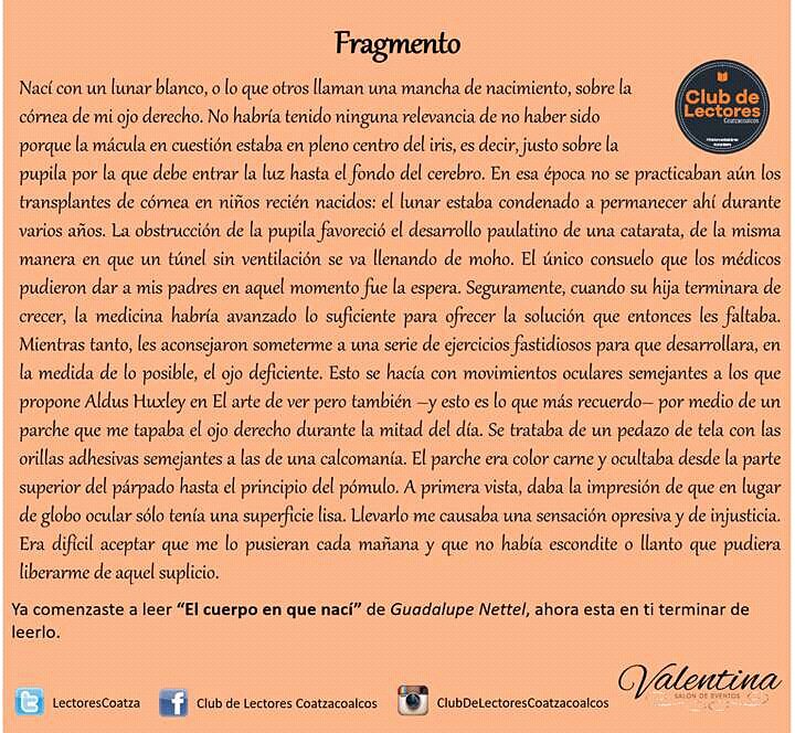 #ElCuerpoEnQueNací esta inspirada en la infancia de la autora, es la historia de una niña con un defecto de nacimiento en un ojo. 
Déjate llevar por #GuadalupeNettel en esta gran historia.
#EscritorasMexicanas
#EscritorasConAlas
#LeeYLibera